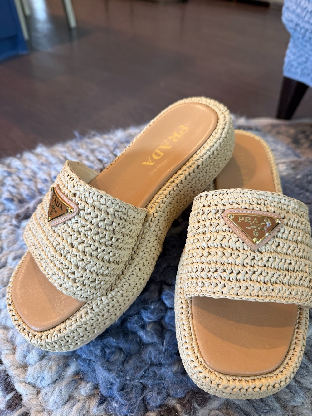 Prada Cream Raffia Platform Slide Mules